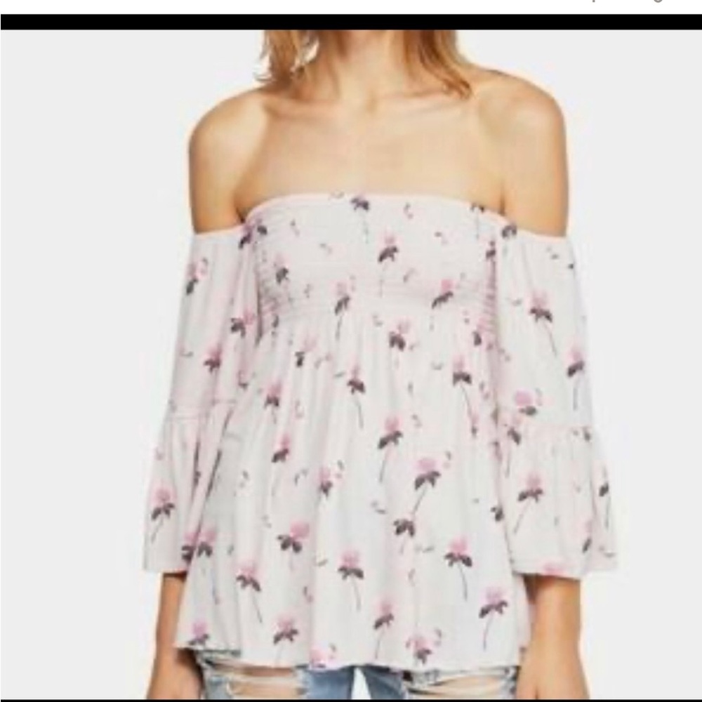 Free People Top Womens Small Pink Purple Cloud Berry Floral Off the Shoulder